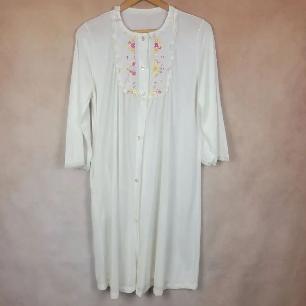 Vintage 70s Snowdon White Long Sleeve Button Down Nightgown Robe Cover Up Medium